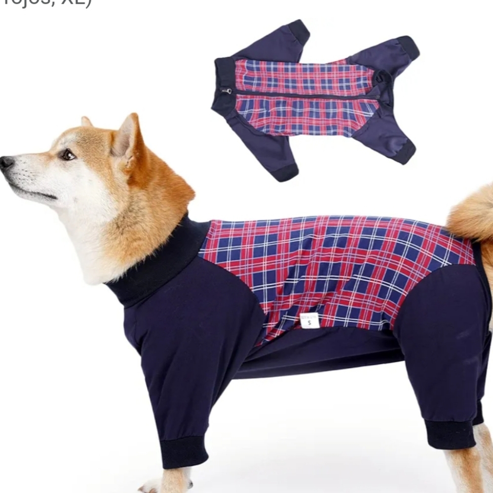 Dog suit for surgery recovery antishedding nwot large  size chart blue red plaid